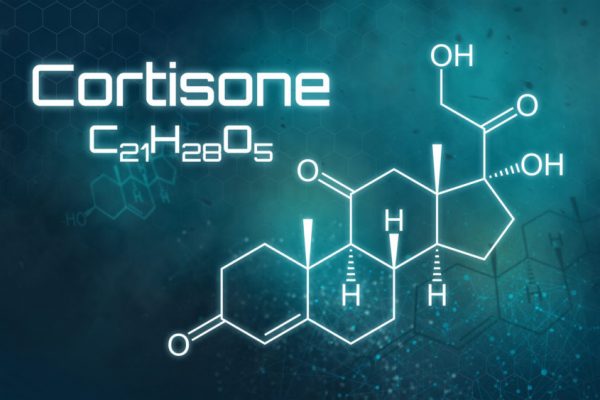Chemical formula of Cortisone on a futuristic background
